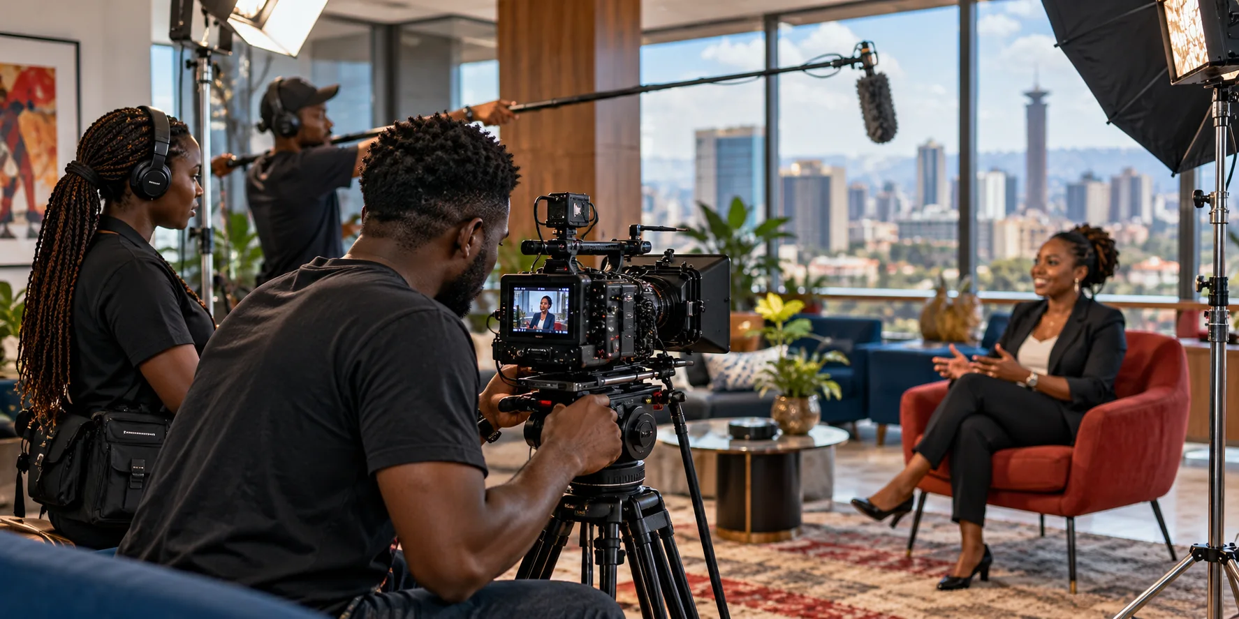 Video production crew filming an interview