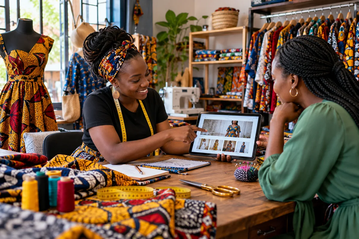 Kenyan tailor showing her business website to a customer in a clothing workshop