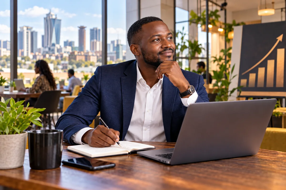 Kenyan entrepreneur planning business growth with a laptop, notebook and chart