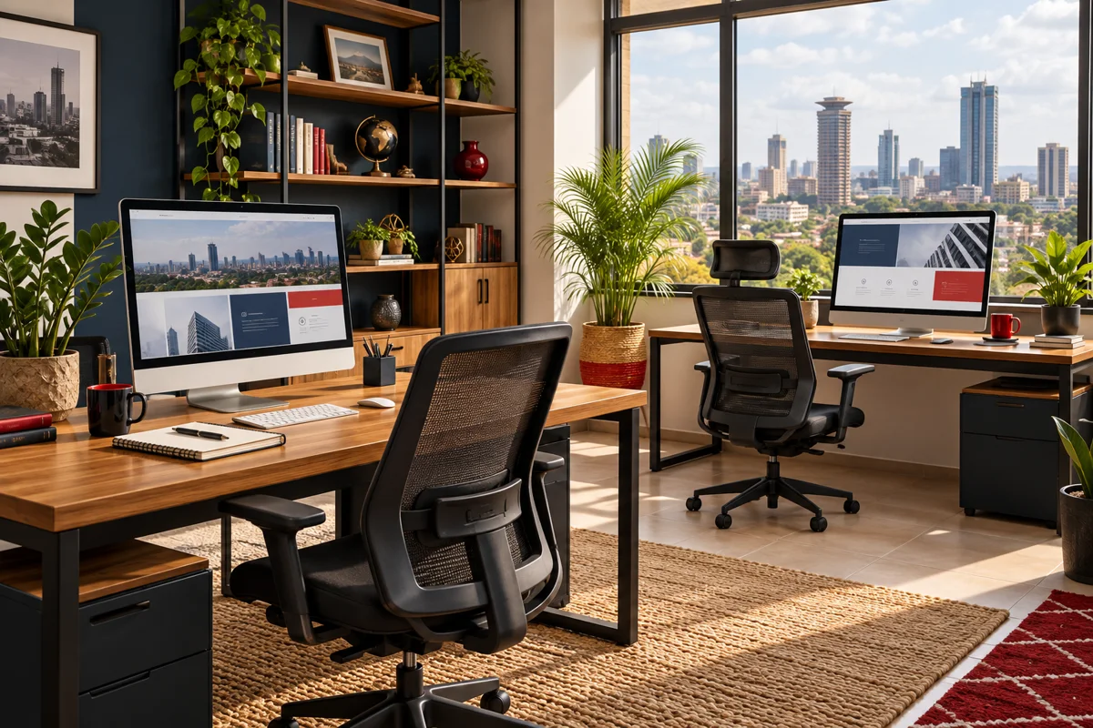 Modern Nairobi office setup with computers, ergonomic chairs and indoor plants