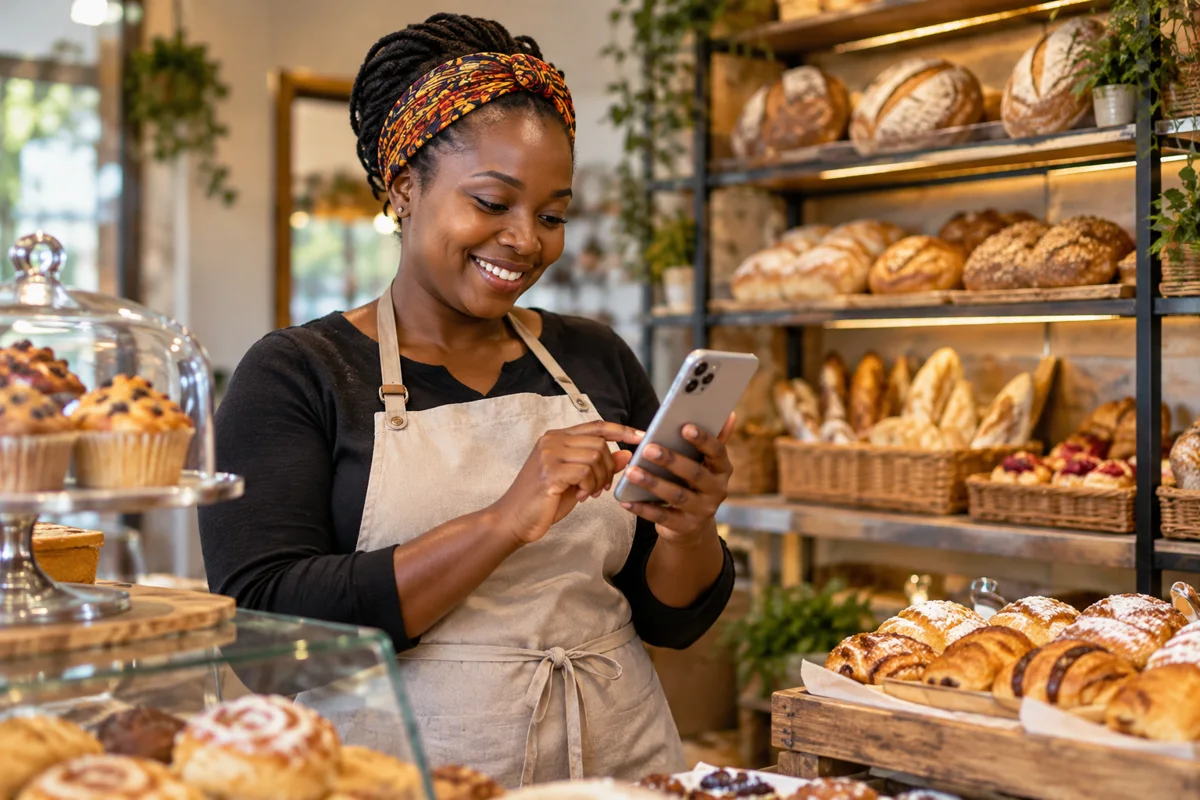 Kenyan bakery owner checking an online enquiry on her smartphone