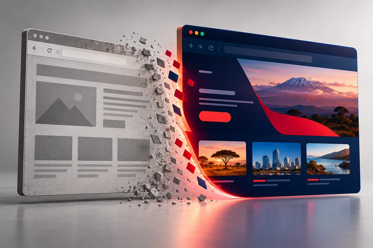 Illustration comparing a plain website layout with a colourful modern design