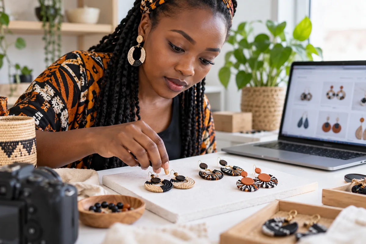 Kenyan jewellery maker preparing product photographs for an online shop
