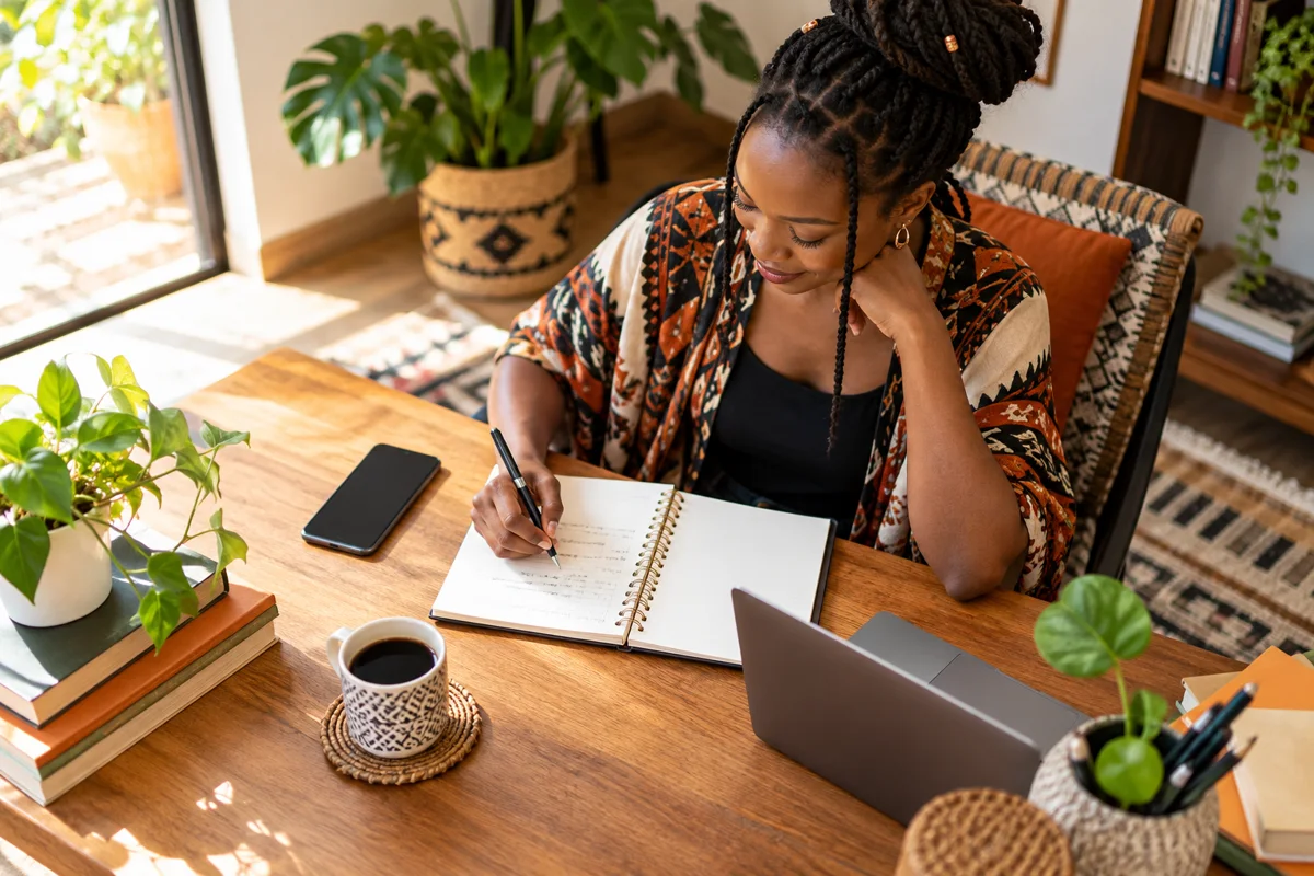 Kenyan entrepreneur planning online content at a home workspace
