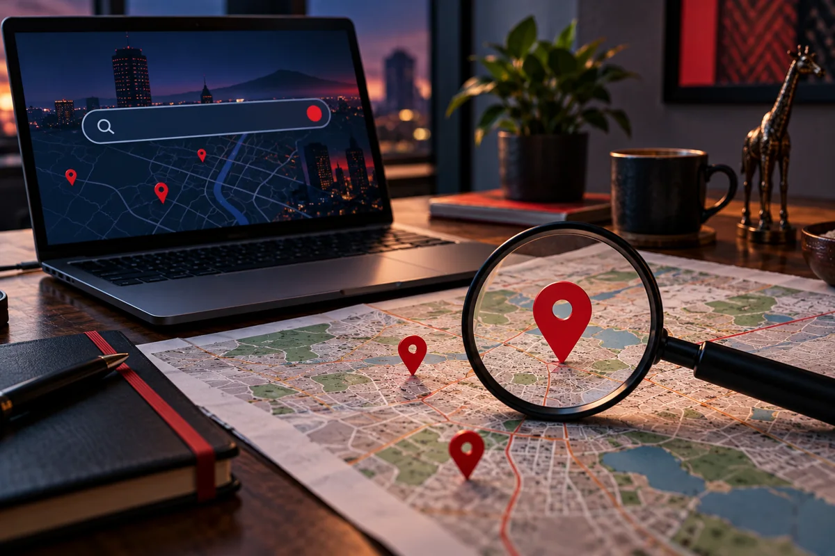 Search interface and map pins on a laptop beside a Nairobi map