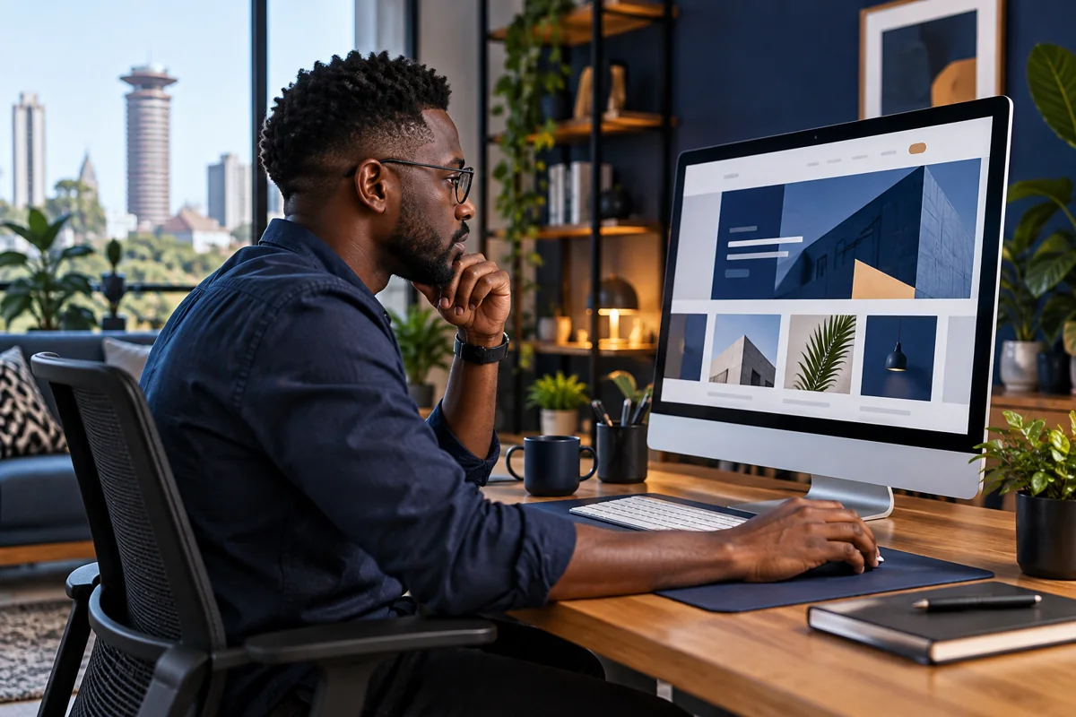 Kenyan web designer reviewing a website layout in a creative studio