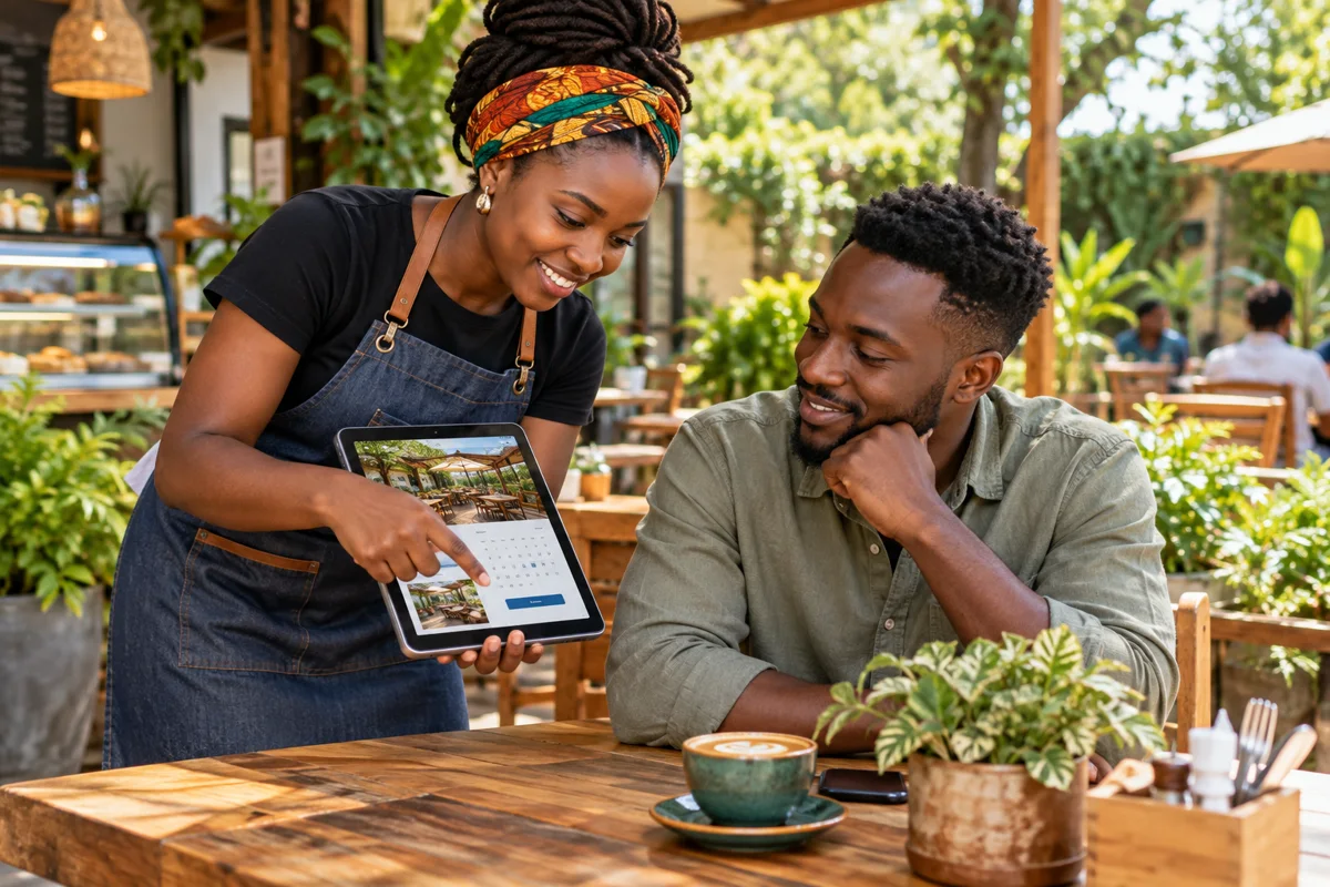 Kenyan cafe owner helping a customer use an online booking page