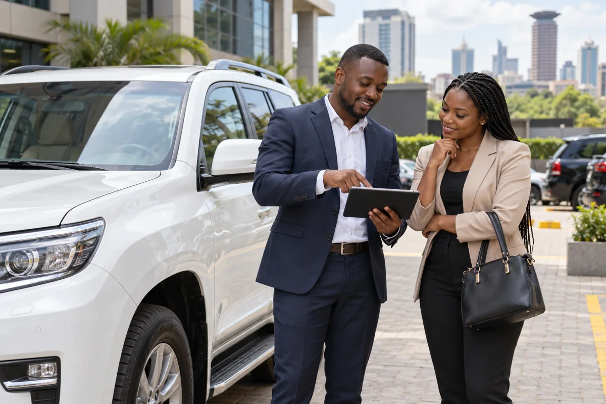 Kenyan car hire operator discussing a booking with a customer beside an SUV