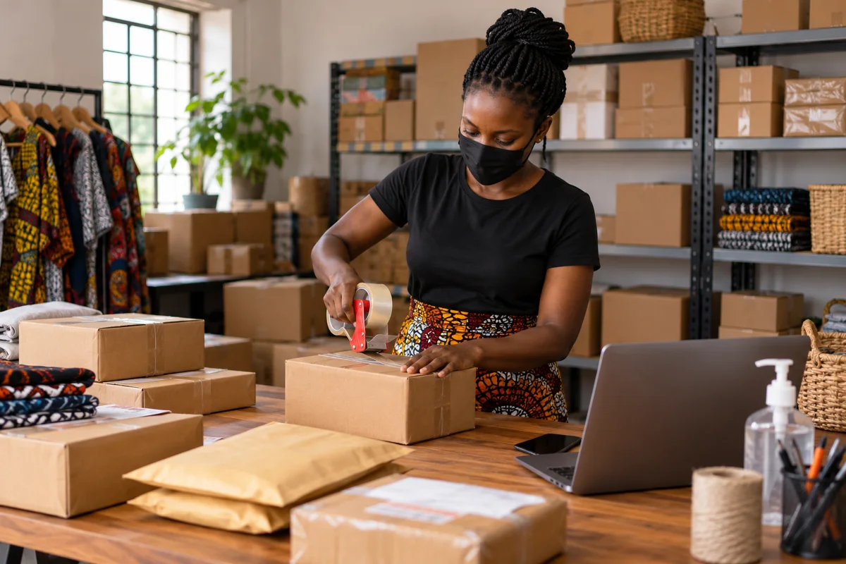 Masked Kenyan retailer preparing ecommerce orders in a stockroom