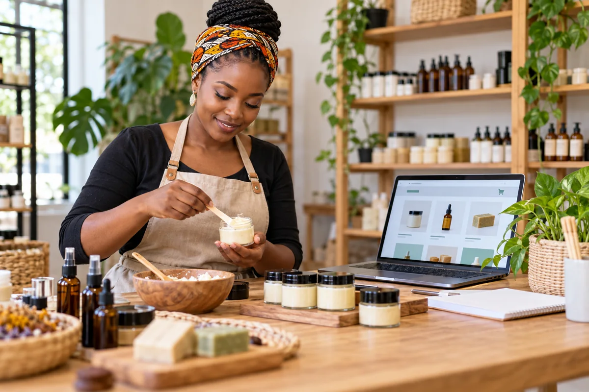 Kenyan retail entrepreneur managing an online shop alongside skincare products
