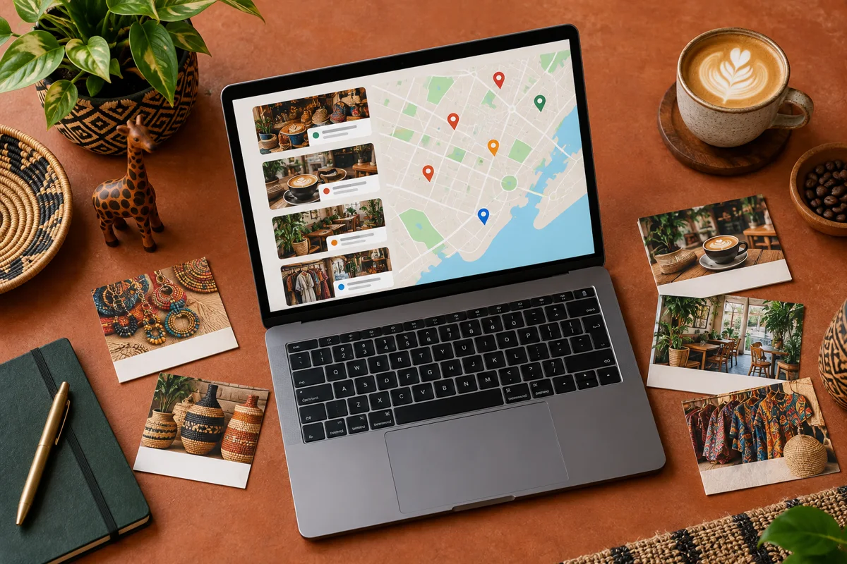 Laptop displaying a local business directory beside business cards