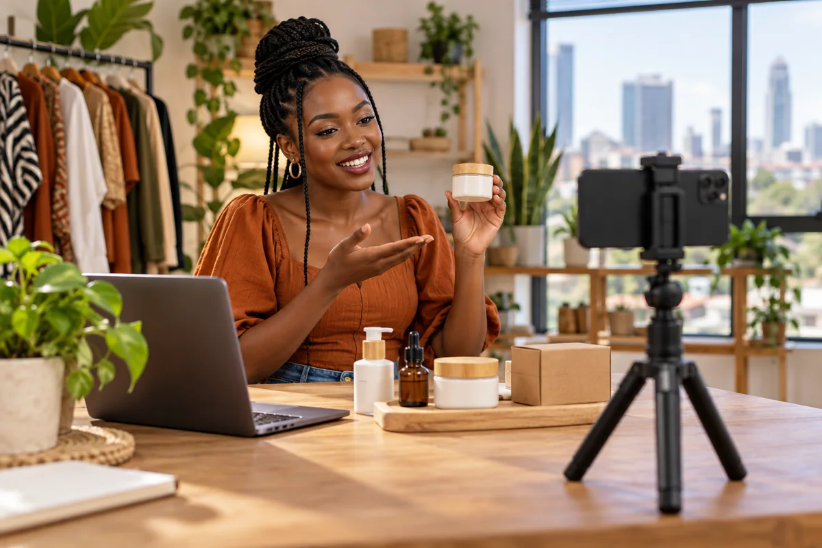 Kenyan content creator recording a product video with a smartphone