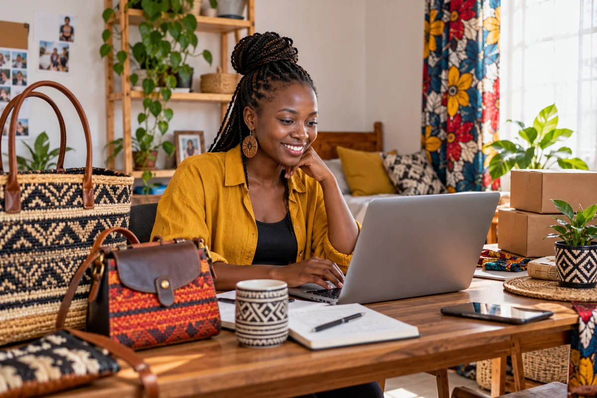 Kenyan entrepreneur setting up an online business with handmade bags