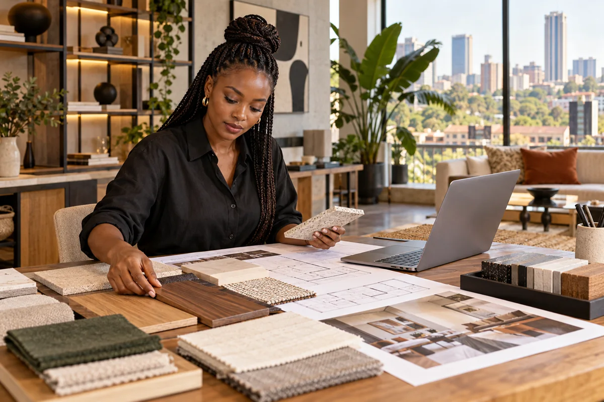 Kenyan interior designer reviewing plans and material samples in a studio