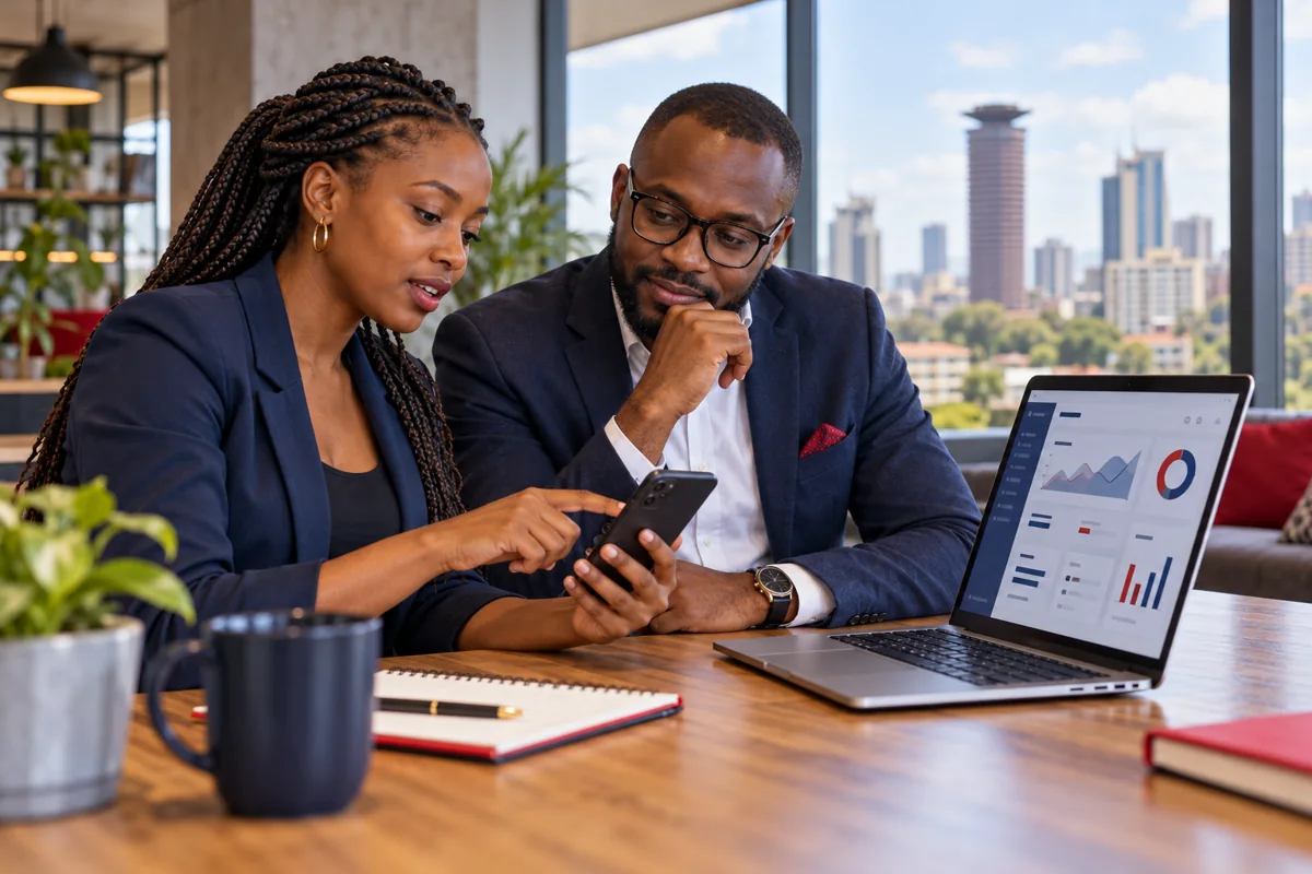 Kenyan developer and business owner reviewing a mobile app and portal on a laptop