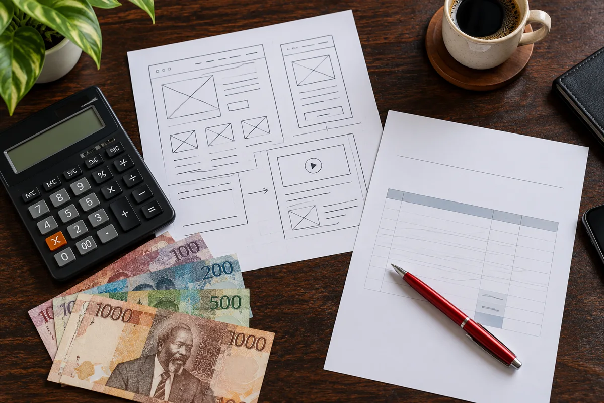 Calculator, Kenyan shilling notes and website sketches used to plan a design budget