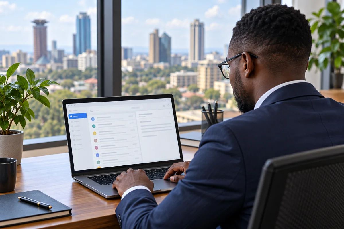 Kenyan professional reviewing business email setup on a laptop
