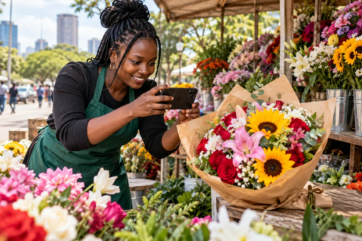 Kenyan florist photographing flowers for her online business