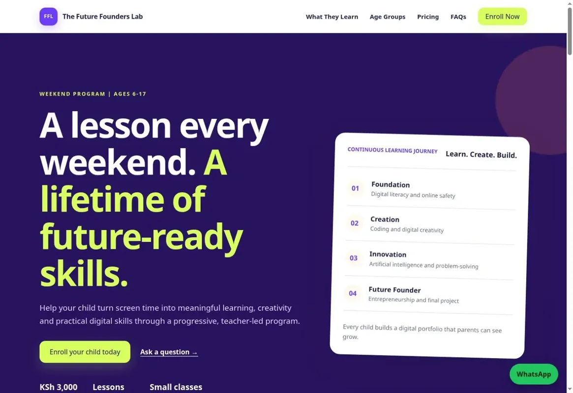 The Future Founders Lab website showing its digital learning programs