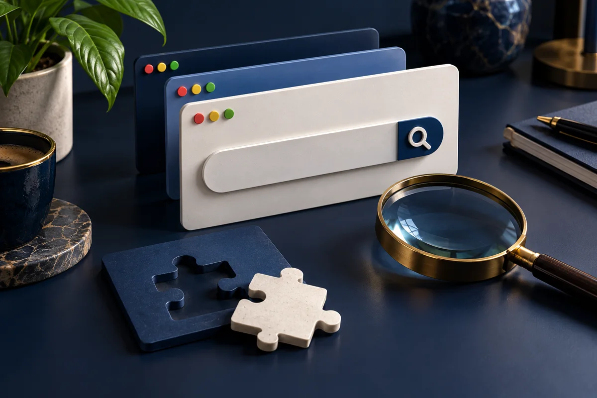 Concept illustration of a search interface and a missing website puzzle piece
