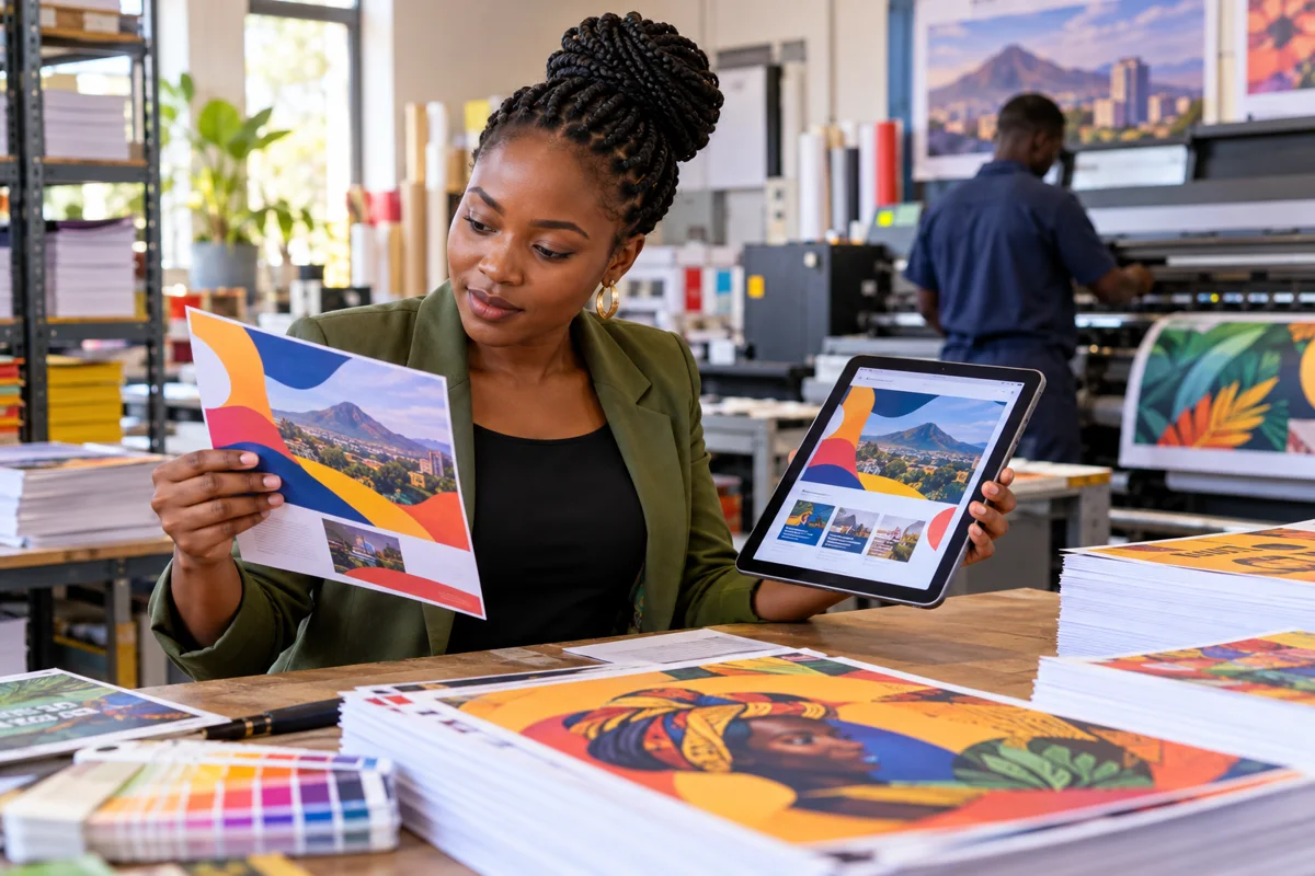 Kenyan businesswoman comparing a printed flyer with her website on a tablet