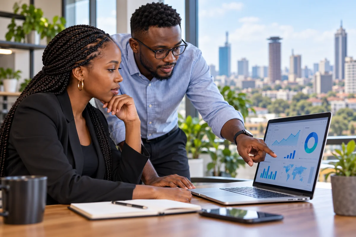 Kenyan digital marketing specialists reviewing search performance on a laptop